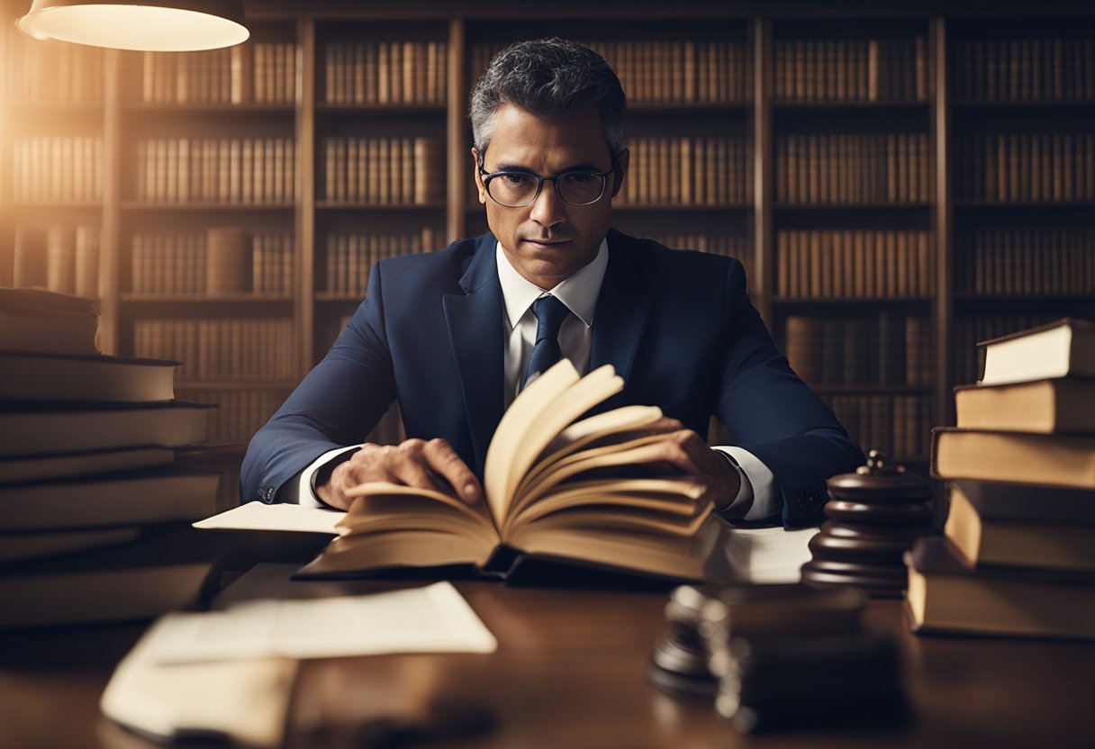 A criminal defense lawyer in Rio de Janeiro faces challenges in legal specialization. The illustration could show a lawyer studying law books in a dimly lit office